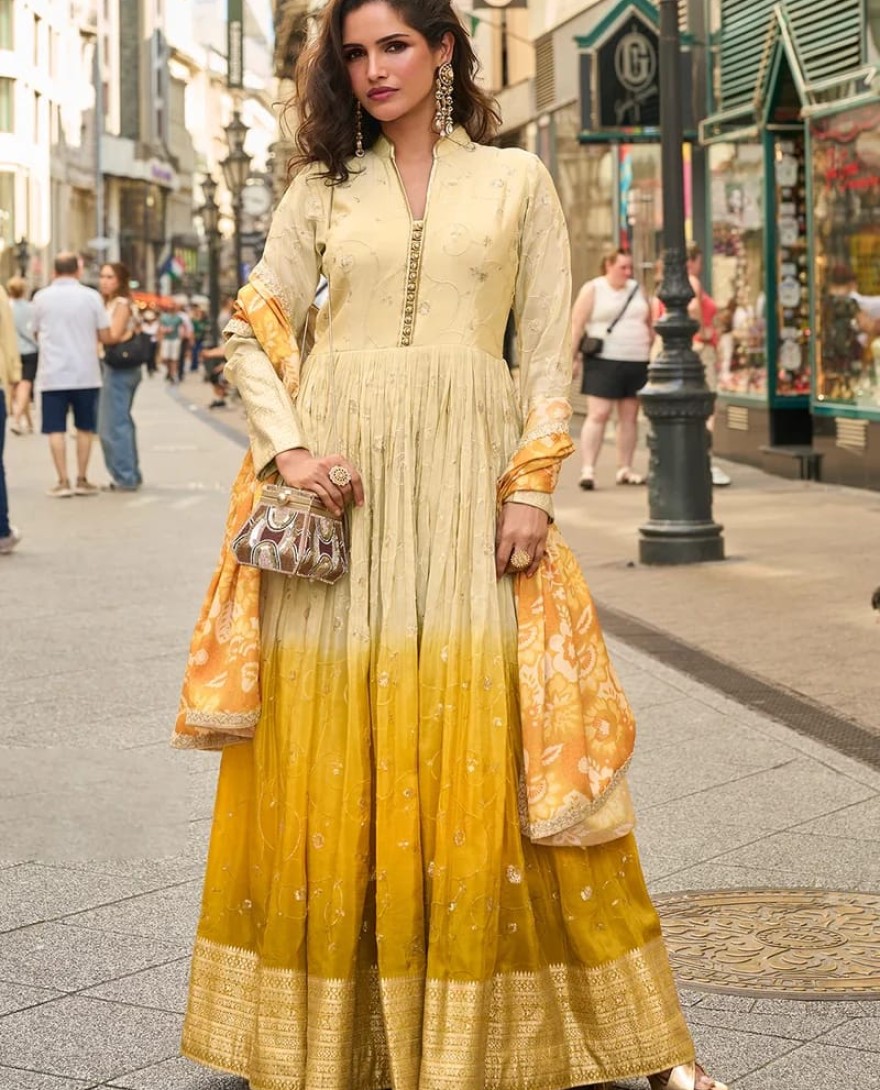 YELLOW - Designer Yellow Ombre Embroidered Indo Western Simar Silk Anarkali Gown